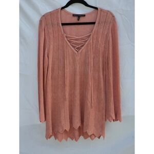White House Black Market Rose Gold Metallic Lace Up Scalloped Tunic Sweater L
